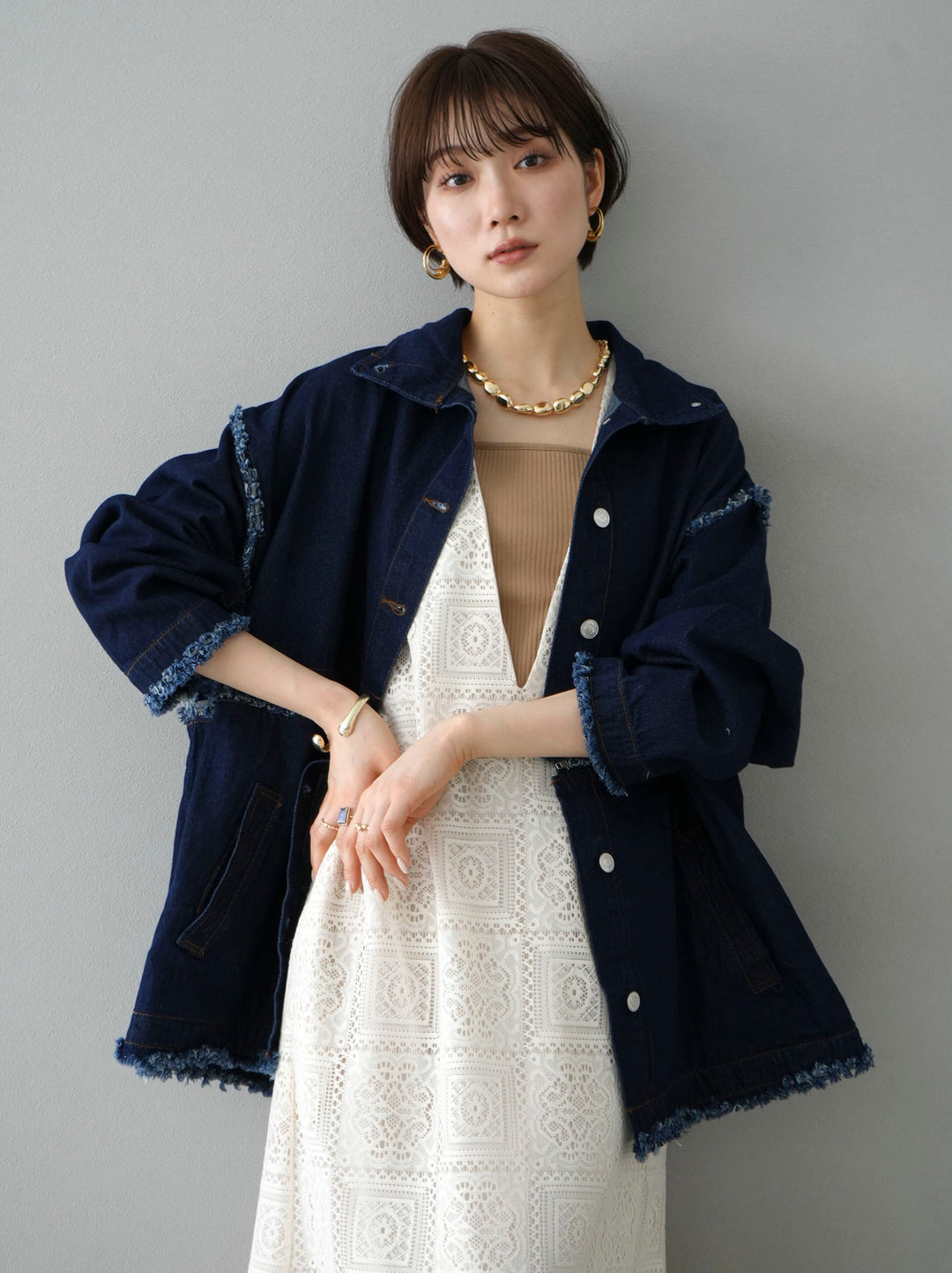 [SET] 2WAY denim stand-up collar jacket + selectable necklace set (2 sets)