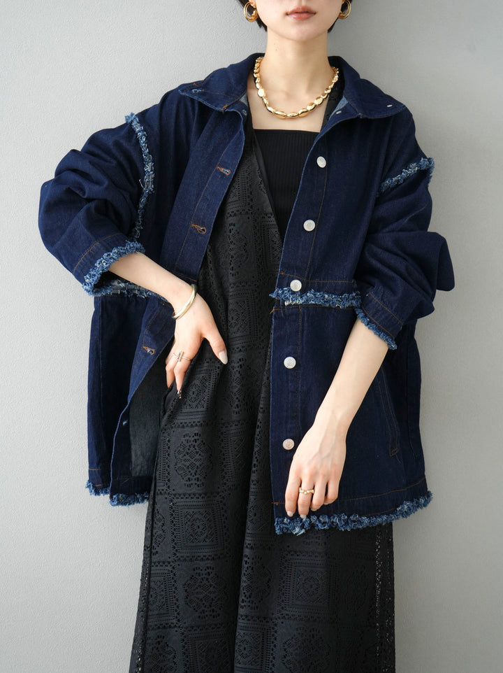 [SET] 2WAY denim stand-up collar jacket + selectable necklace set (2 sets)