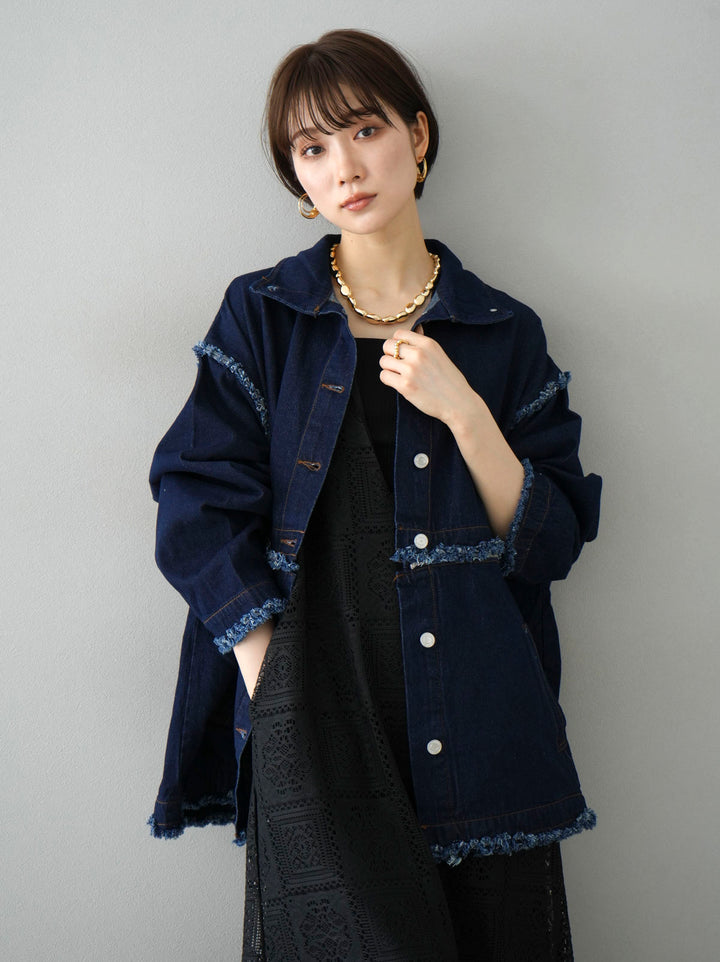 [SET] 2WAY denim stand-up collar jacket + selectable necklace set (2 sets)