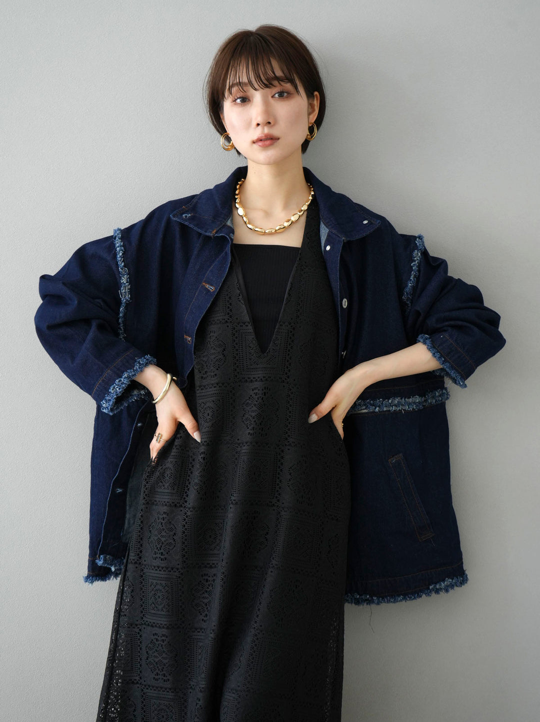 [SET] 2WAY denim stand-up collar jacket + selectable necklace set (2 sets)