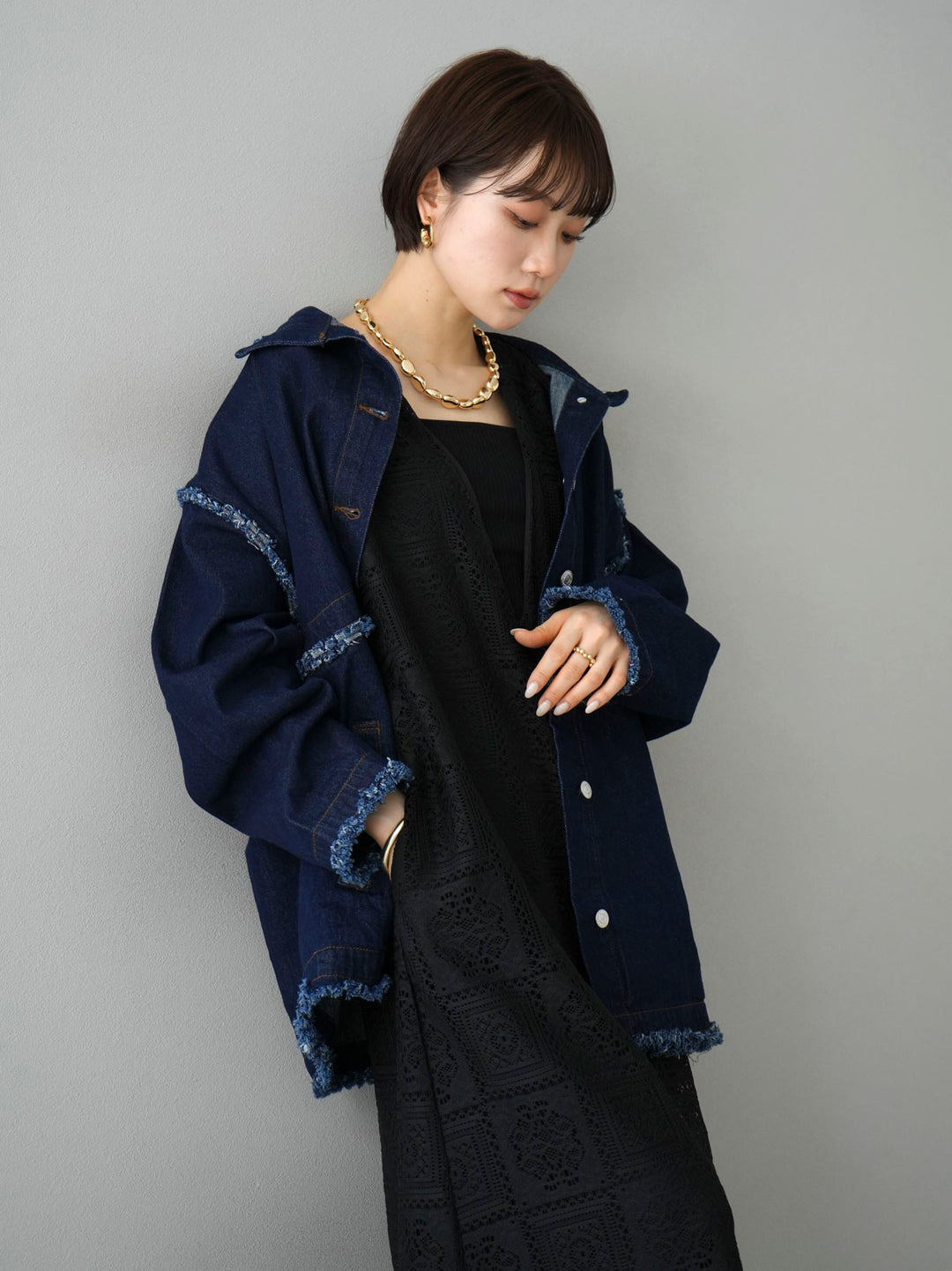 [SET] 2WAY denim stand-up collar jacket + selectable necklace set (2 sets)