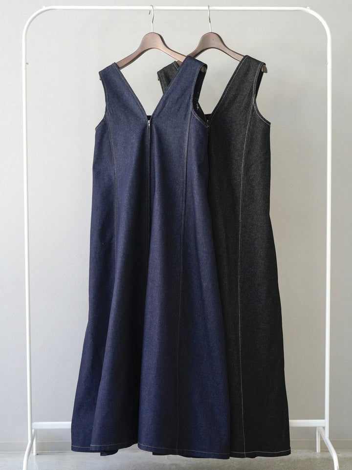 [SET] Denim zip flare dress + double strap cut rib bra camisole (2set)