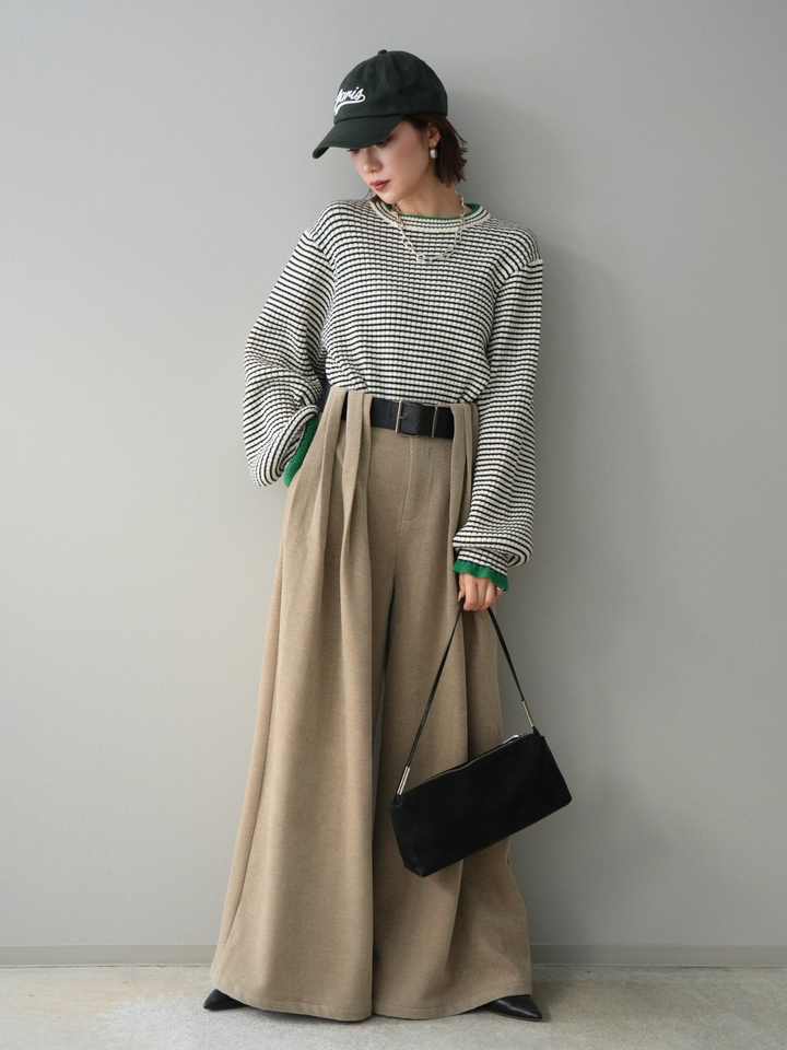 [SET]ラメ異素材ボーダーリブニットプルオーバー+ベルトデザインループコールテンワイドパンツ(ベルト付き)(2set)