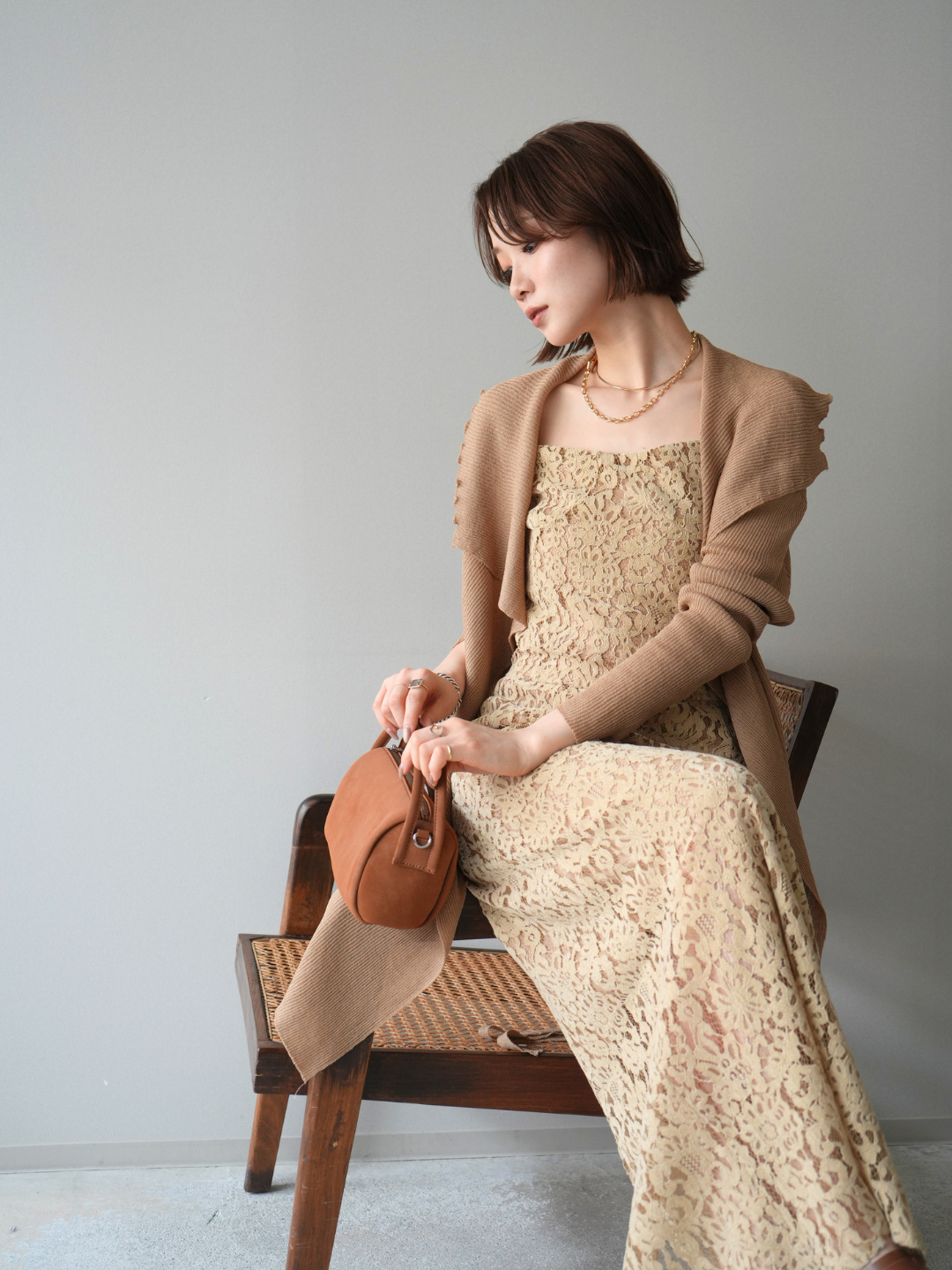 [SET]ドレープリブニットガウン+フルレースキャミ＆IラインスカートSET UP(2set)