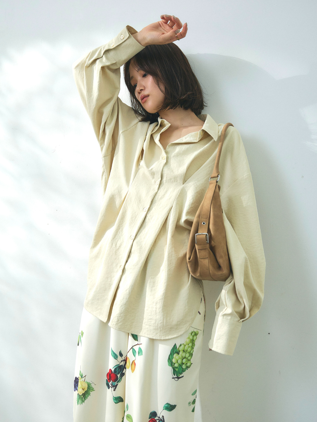 【Allure】[SET]合繊ウエストタックシャツ+ボタニカルプリントイージーパンツ(2set)