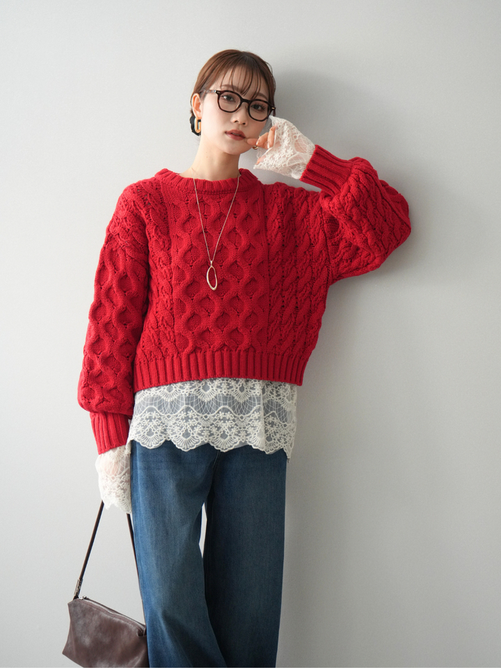 [SET]バルキーケーブルクロップドニットプルオーバー+チュールレーストップス(2set)