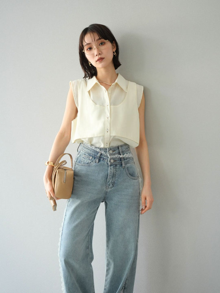 [SET]ステッチシアーレイヤードデザインブラウス+ラインレースデニムパンツ(2set)