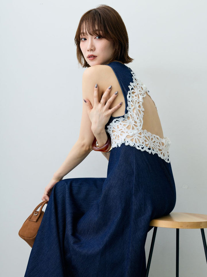 [予約]バックオープンレースデニムワンピース/blue