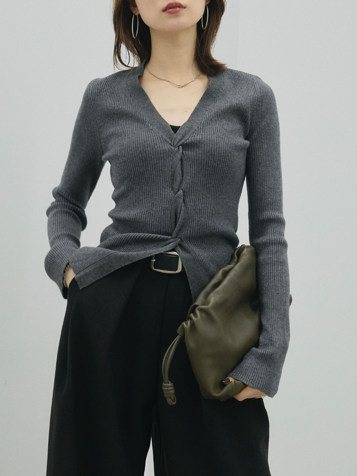 【Allure】[SET]フロントツイストリブニットトップス+ループデザインツイルワイドパンツ(2set)