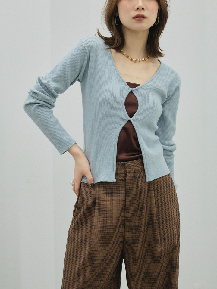 【Allure】[SET]フロントツイストホールリブニットトップス+チェック柄タックワイドパンツ(2set)