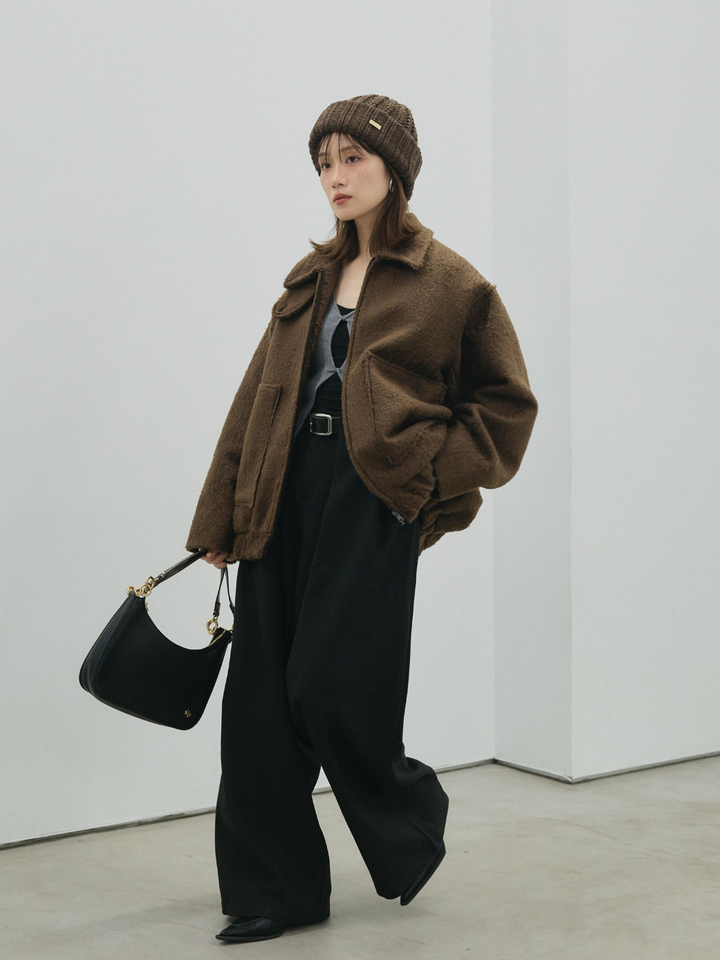 【Allure】[SET]スタンドカラーシャギーフライトジャケット+ループデザインツイルワイドパンツ(2set)