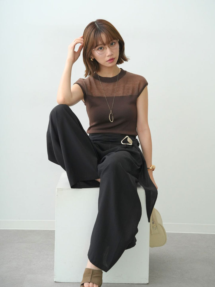 [SET]シアー切替ニットトップス+ベルトデザインタックドレープワイドパンツ(2set)