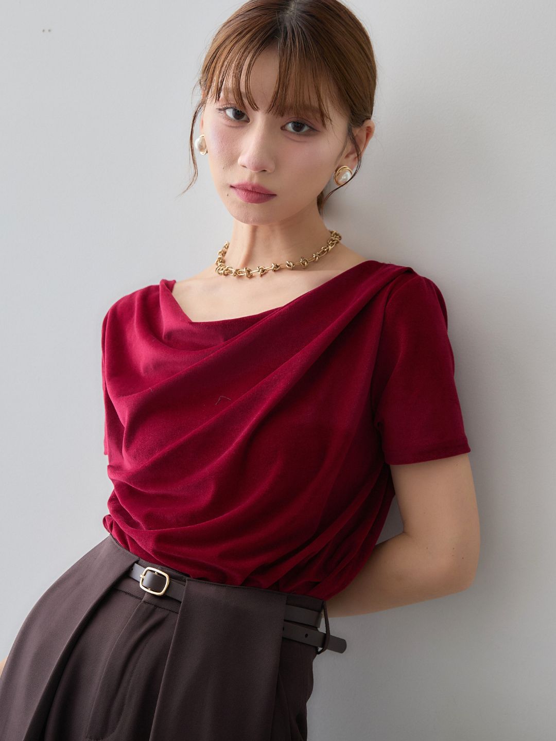 [SET]アシメネックシアーベロアトップス+ベルトループデザインワイドパンツ(2set)
