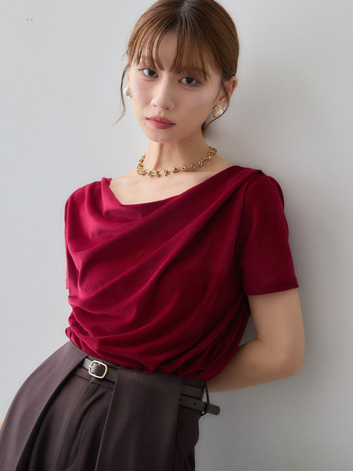 [SET]アシメネックシアーベロアトップス+ベルトループデザインワイドパンツ(2set)
