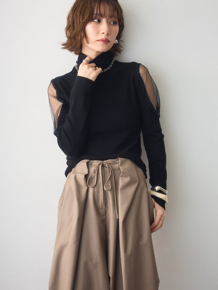 [SET]ショルダーチュールハイネックニットトップス+ツータックドレープストレートパンツ(2set)