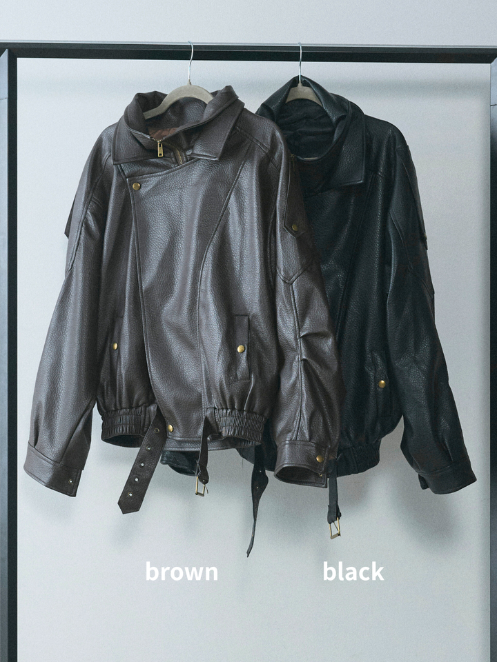 【Allure】[SET]スタンドカラーレザーブルゾン+スタンドカラーレザーブルゾン(2set)