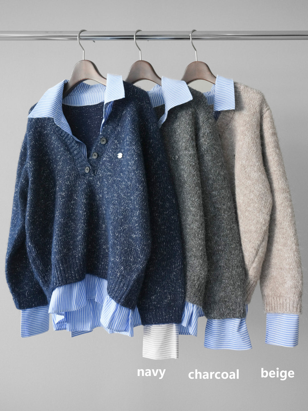 [SET]ストライプシャツドッキングMIXヤーンニットプルオーバー+ベルト付コーデュロイカーゴパンツ(2set)