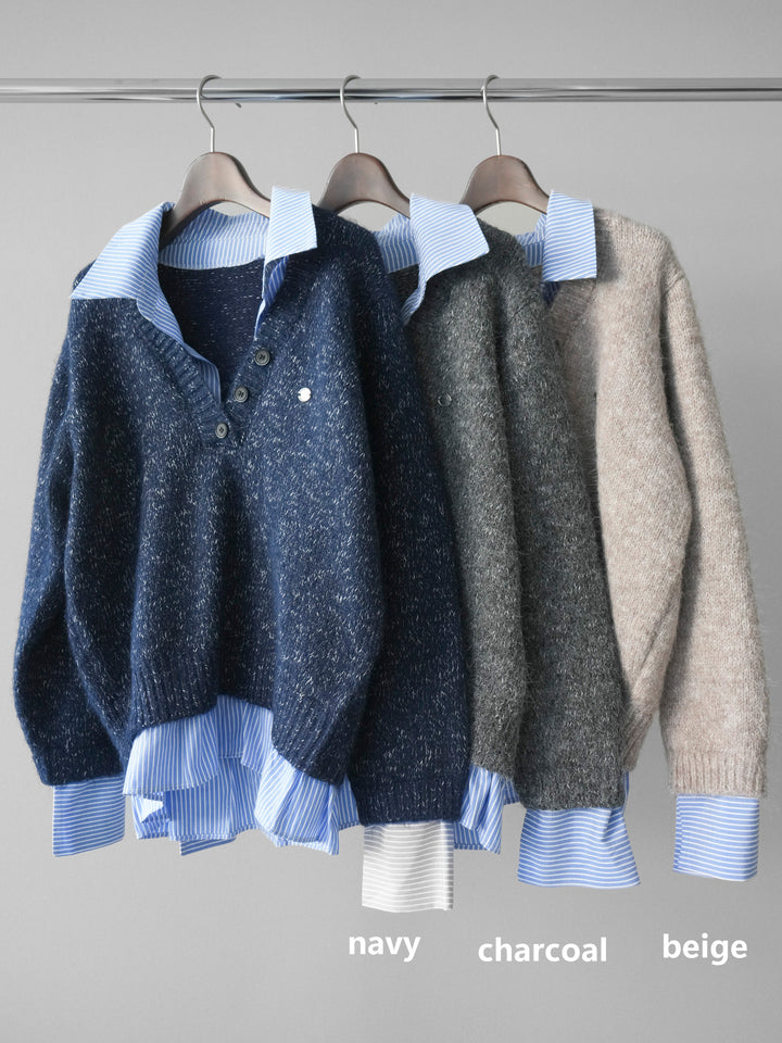 [SET]ストライプシャツドッキングMIXヤーンニットプルオーバー+ベルト付コーデュロイカーゴパンツ(2set)