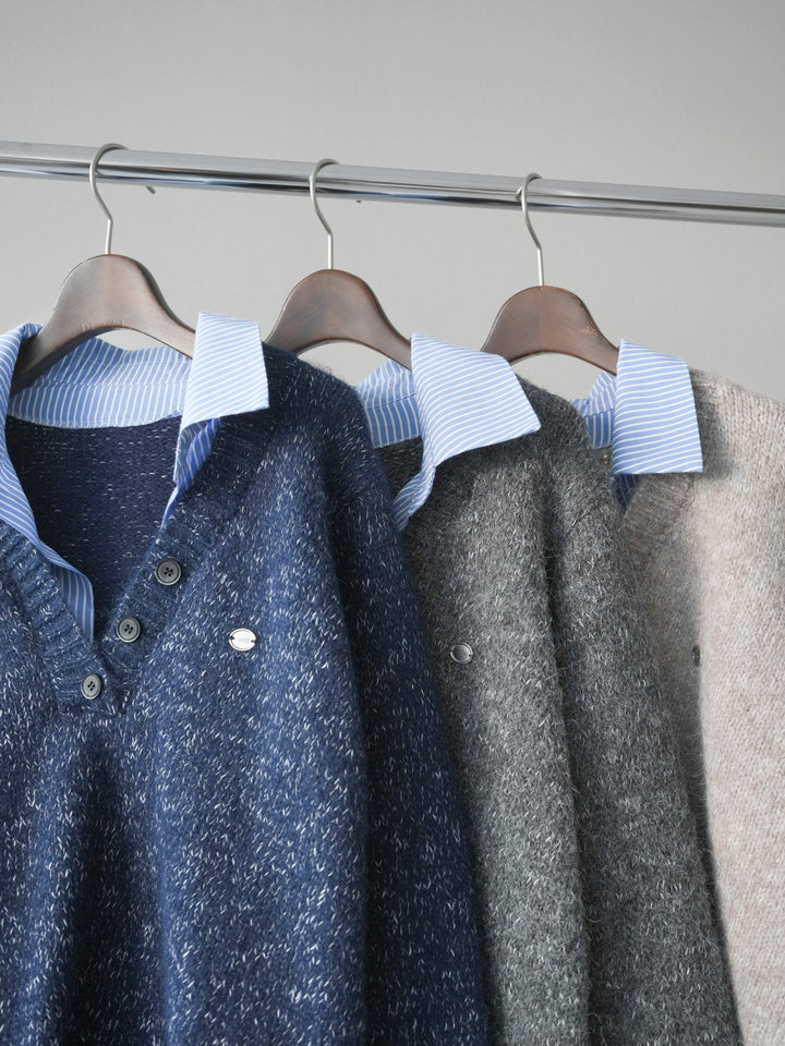 [SET]ストライプシャツドッキングMIXヤーンニットプルオーバー+ベルト付コーデュロイカーゴパンツ(2set)