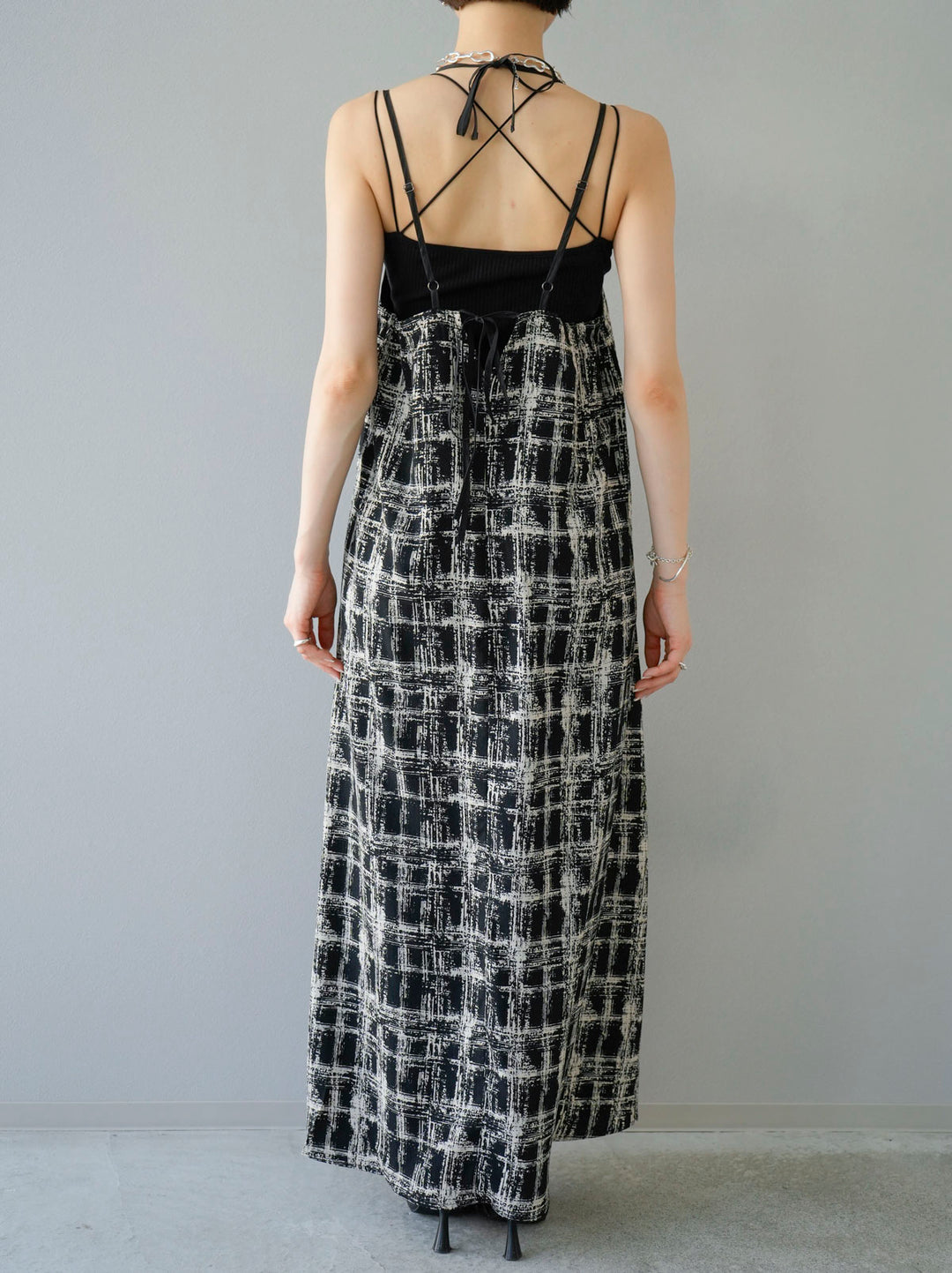 [Pre-order] Paint Check Print Cami Dress/Black