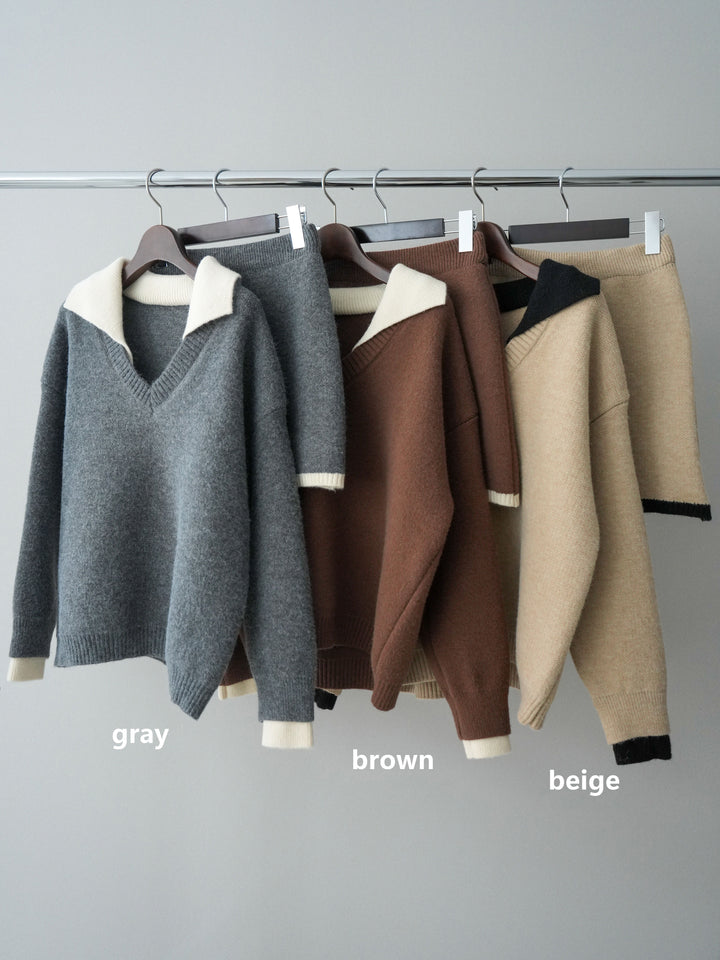 [SET]配色襟ニット＆ミニスカートSET UP+配色襟ニット＆ミニスカートSET UP(2set)