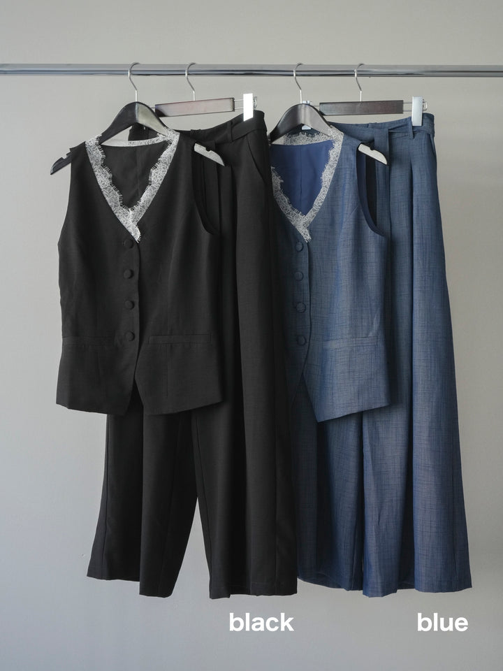 【套裝】蕾絲邊背心和垂褶褲套裝（2 套）