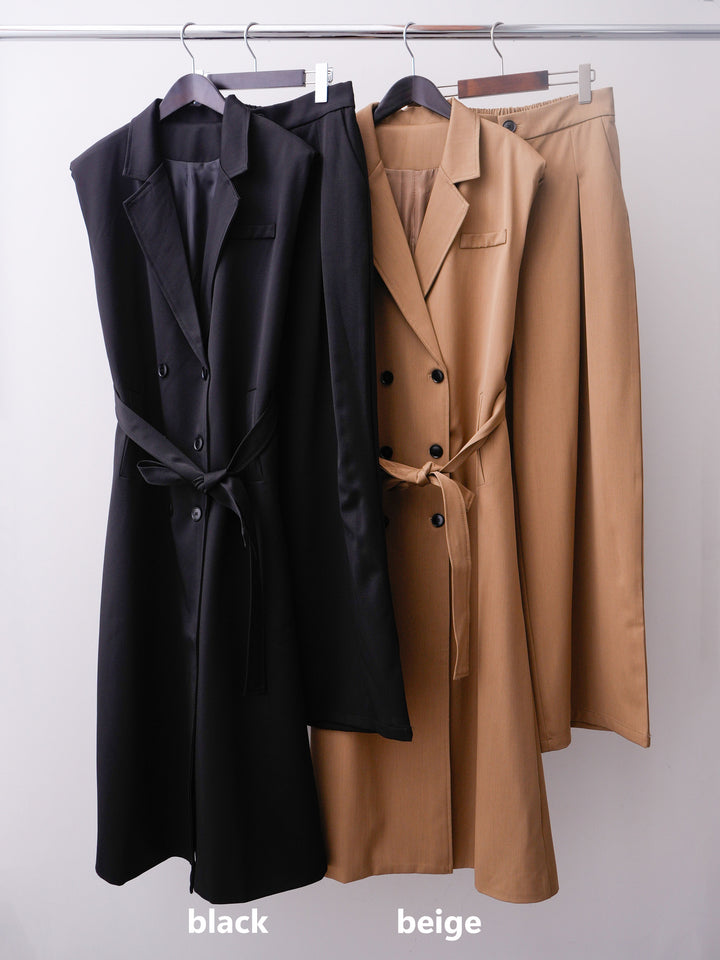[SET]ダブルボタンロングジレコート＆タックワイドスラックスSET UP(2SET)