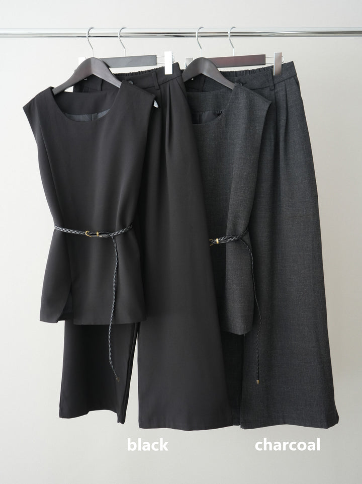 [SET]ベルト付ノースリーブトップス＆ワイドパンツSETUP+バックスリットデザインジャケット(2set)