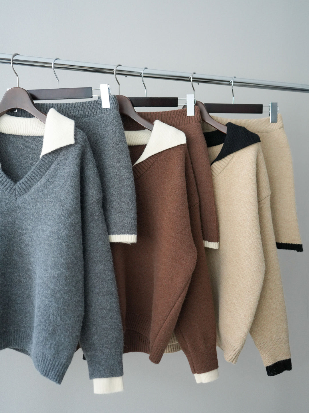 [SET]配色襟ニット＆ミニスカートSET UP+配色襟ニット＆ミニスカートSET UP(2set)