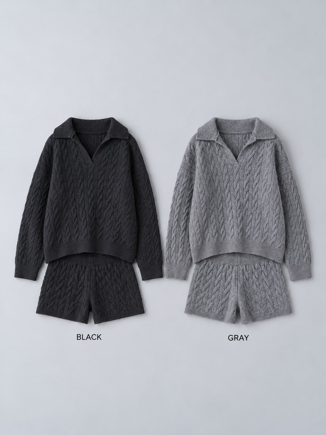 [SET]ケーブルスキッパーニットトップス＆ニットショートパンツSET UP(2SET)+テディービッグカラーショートコート(2set)