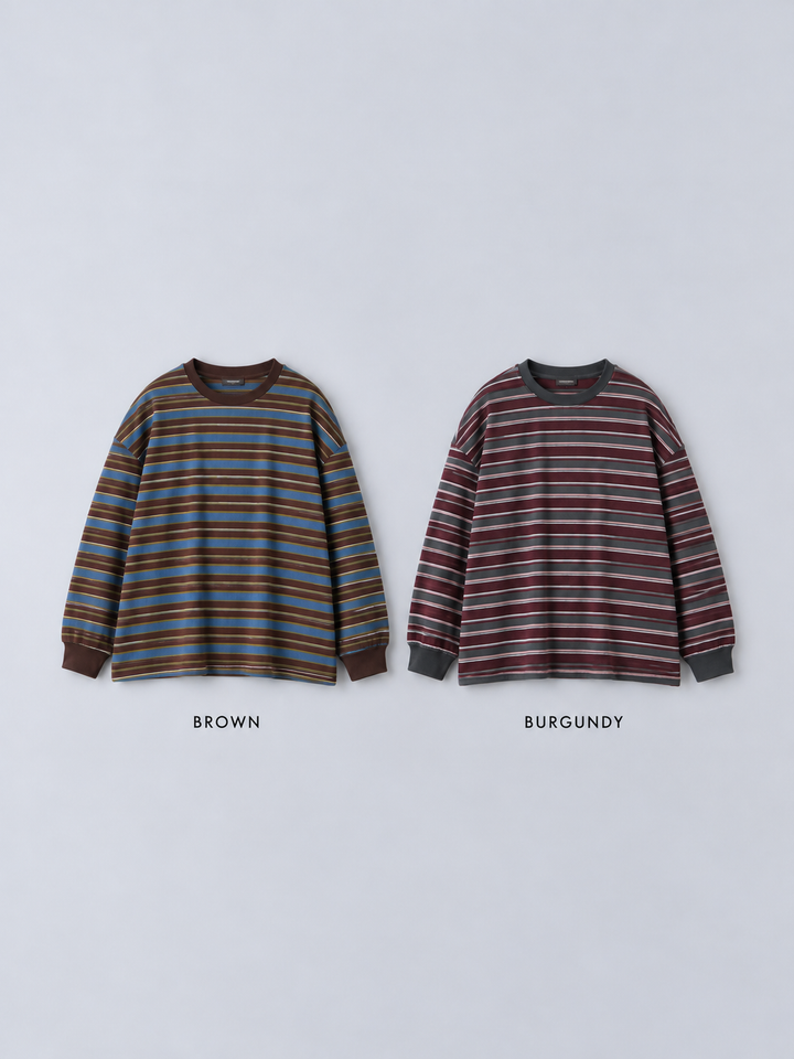[SET]アルパカタッチソフトリブフードニットトップス+マルチボーダーロンTEE+ベロアデニムタックワイドパンツ(3set)