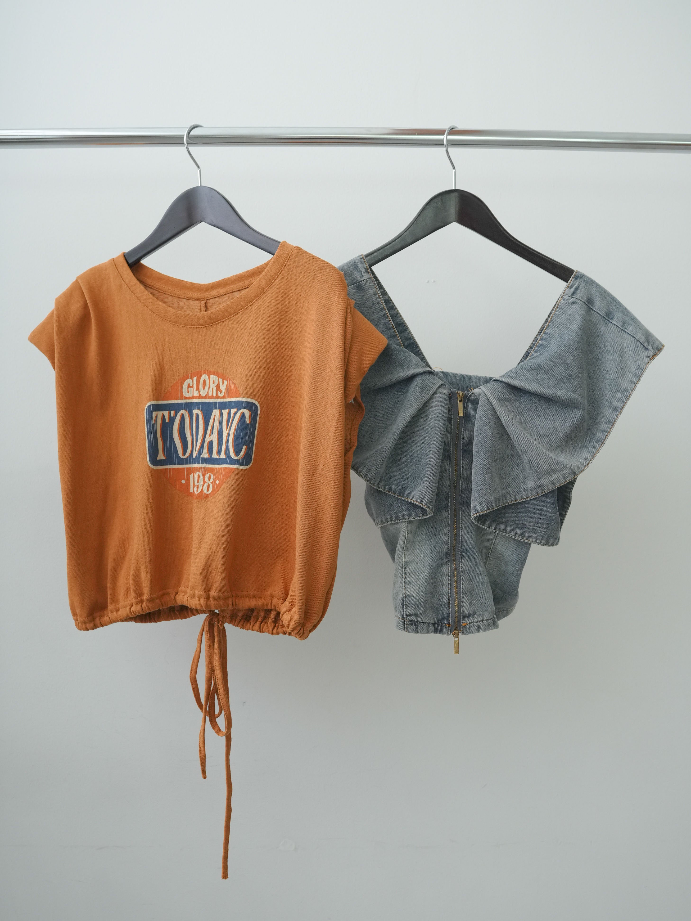 SET]ヴィンテージロゴドロストTEE+フロントジップフリルカラーデニム