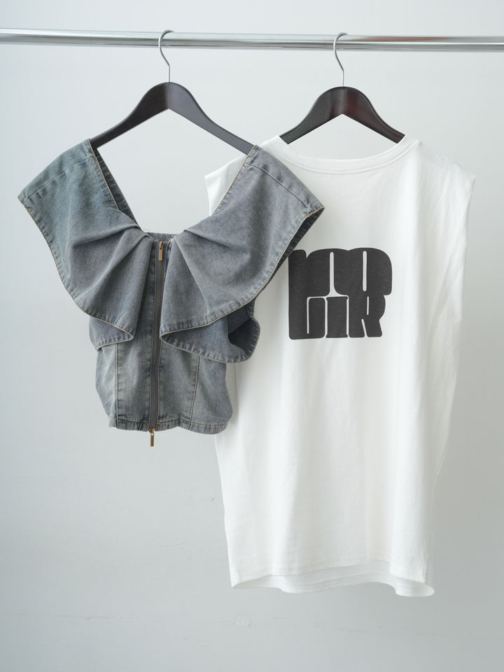 [SET]フロントジップフリルカラーデニムトップス+ショルダータックノースリーブオーバーTEE(2set)