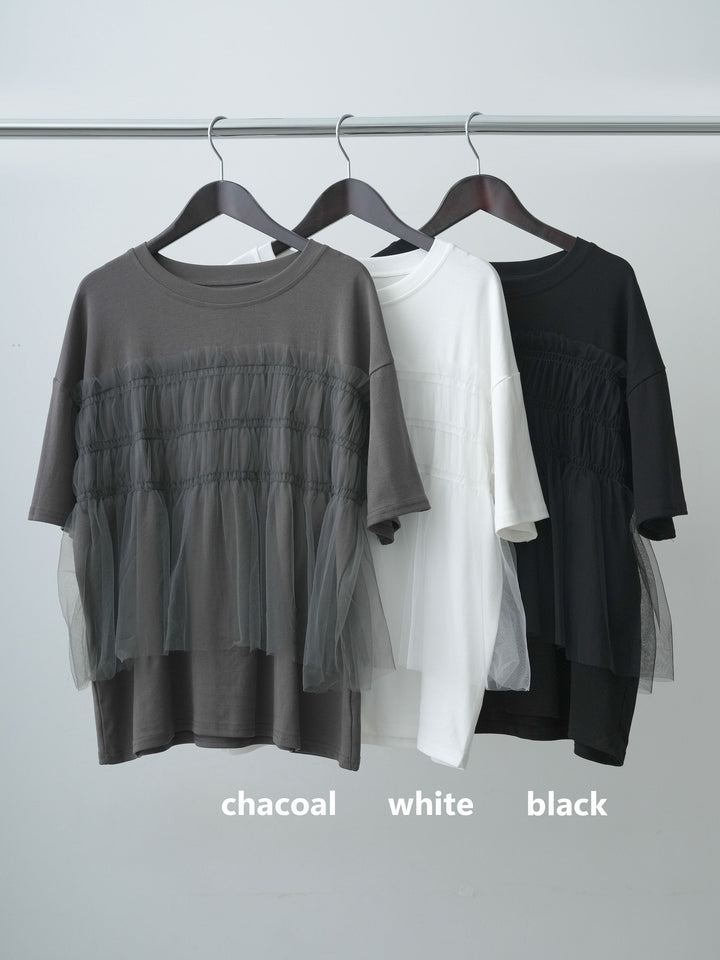 [SET]ギャザーチュールドッキングTEE+ベルトループデザインワイドパンツ(2set)
