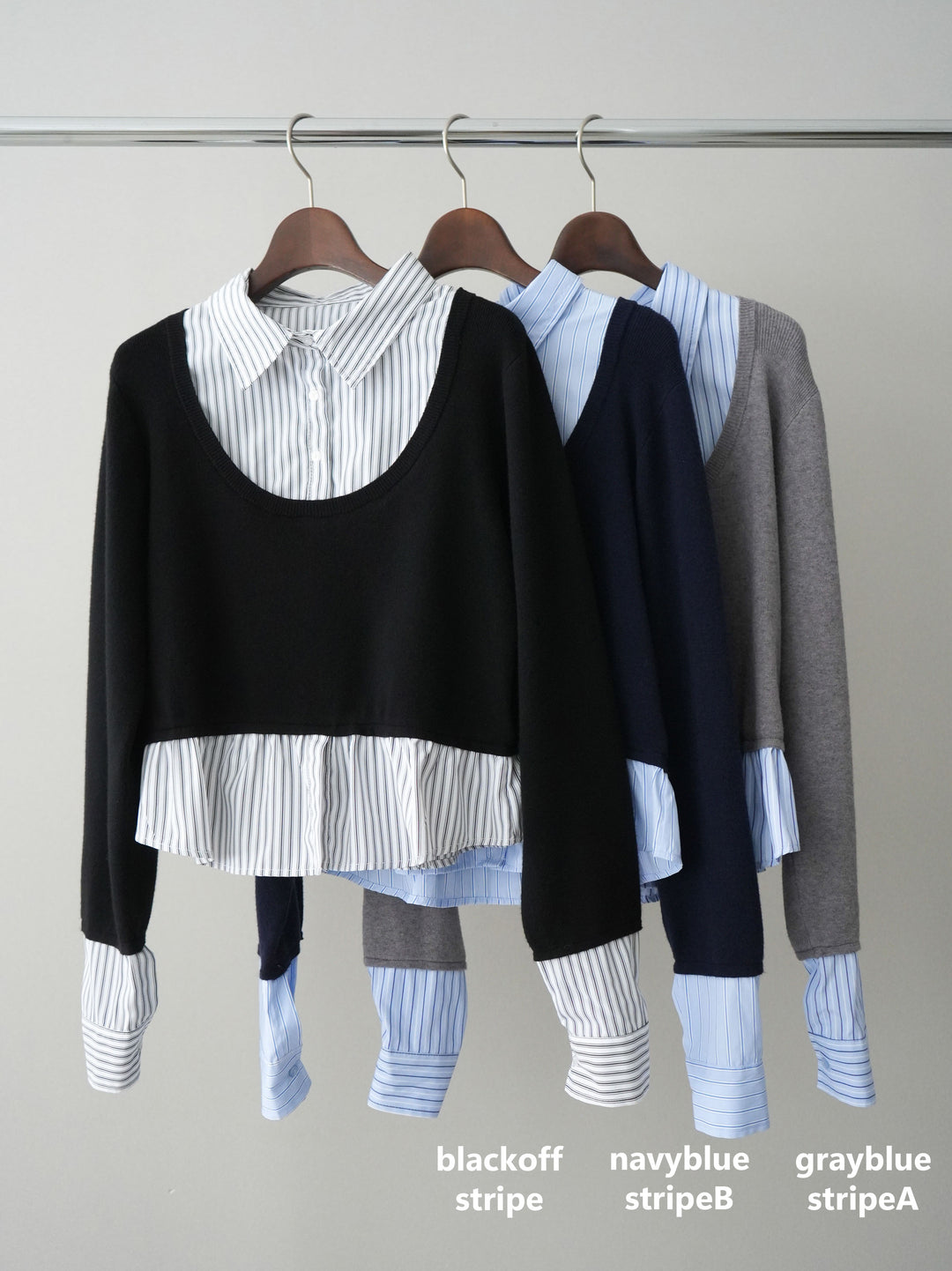 [SET]ストライプシャツUネックドッキングニットプルオーバー+イージーポンチワイドパンツ(2set)