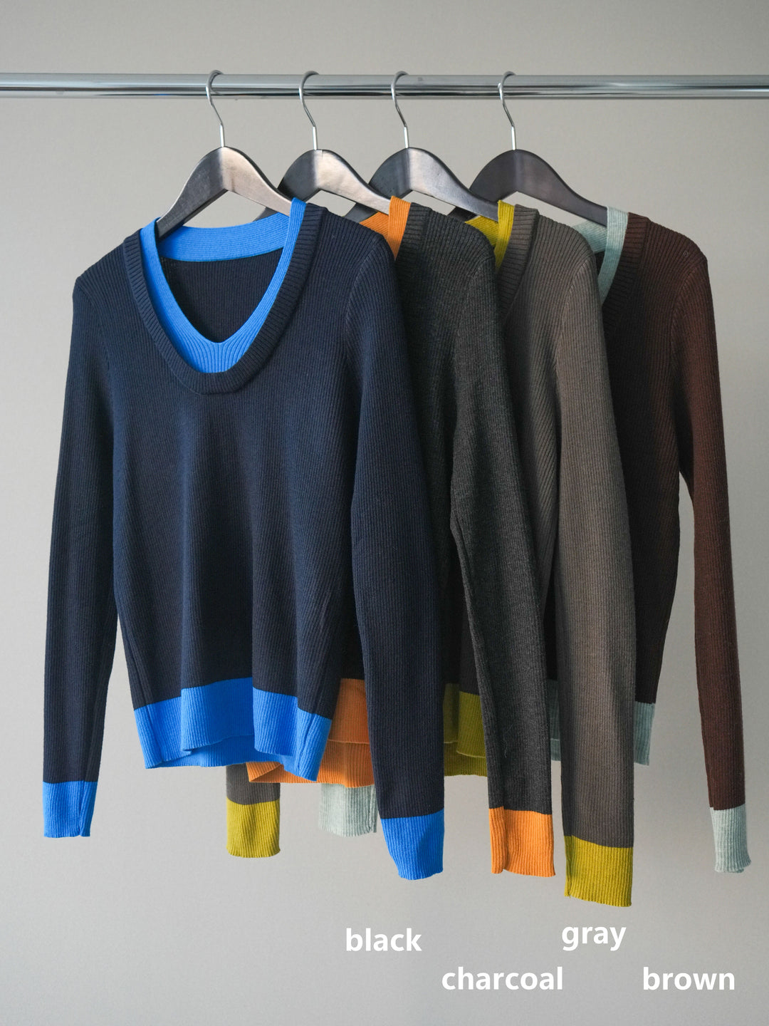 [SET]Uネック配色レイヤードリブニットトップス+サイドフリンジワイドデニムパンツ(2set)