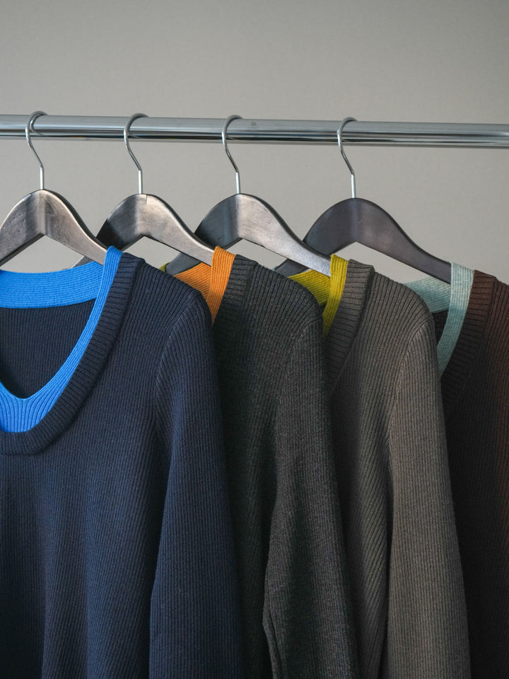 [SET]Uネック配色レイヤードリブニットトップス+サイドフリンジワイドデニムパンツ(2set)