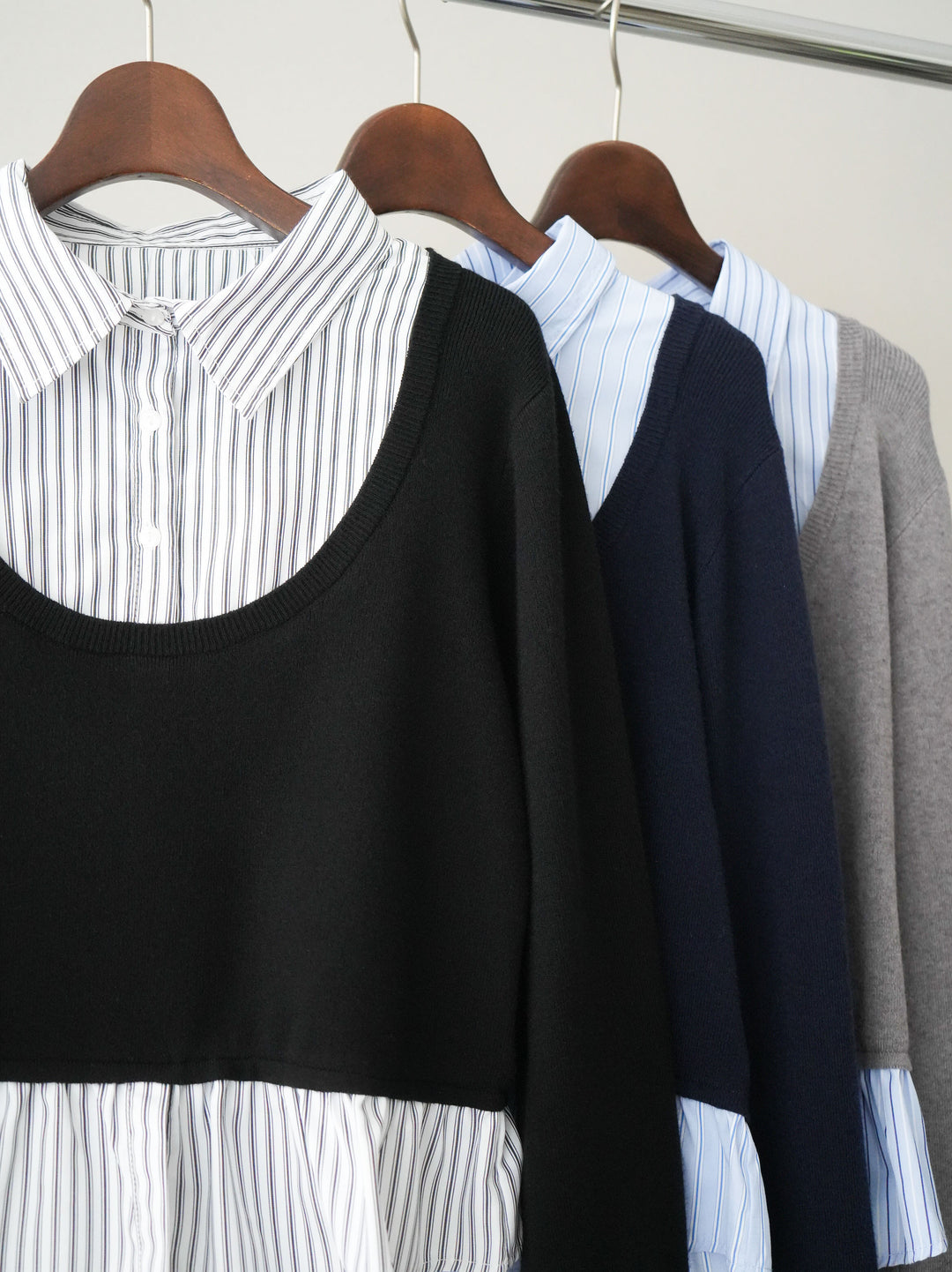 [SET]ストライプシャツUネックドッキングニットプルオーバー+ダメージデニムセミワイドパンツ(2set)