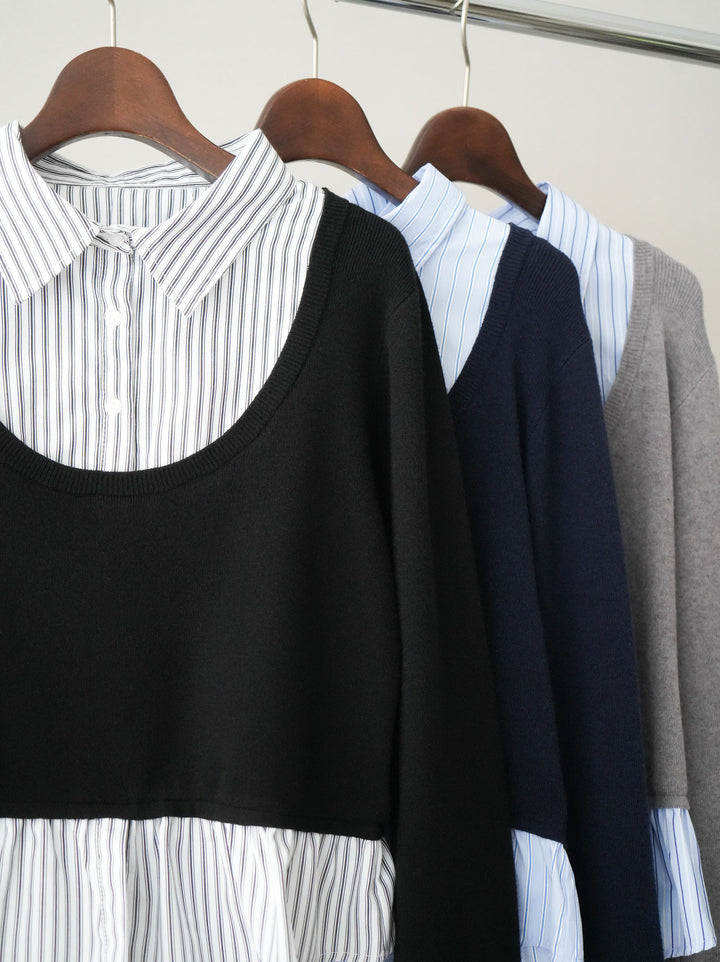 [SET]ストライプシャツUネックドッキングニットプルオーバー+ダメージデニムセミワイドパンツ(2set)