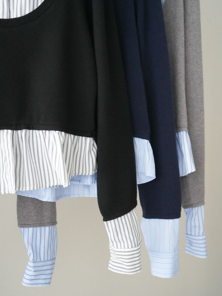 [SET]ストライプシャツUネックドッキングニットプルオーバー+ベルト付キーホルダーモチーフワイドパンツ(2set)