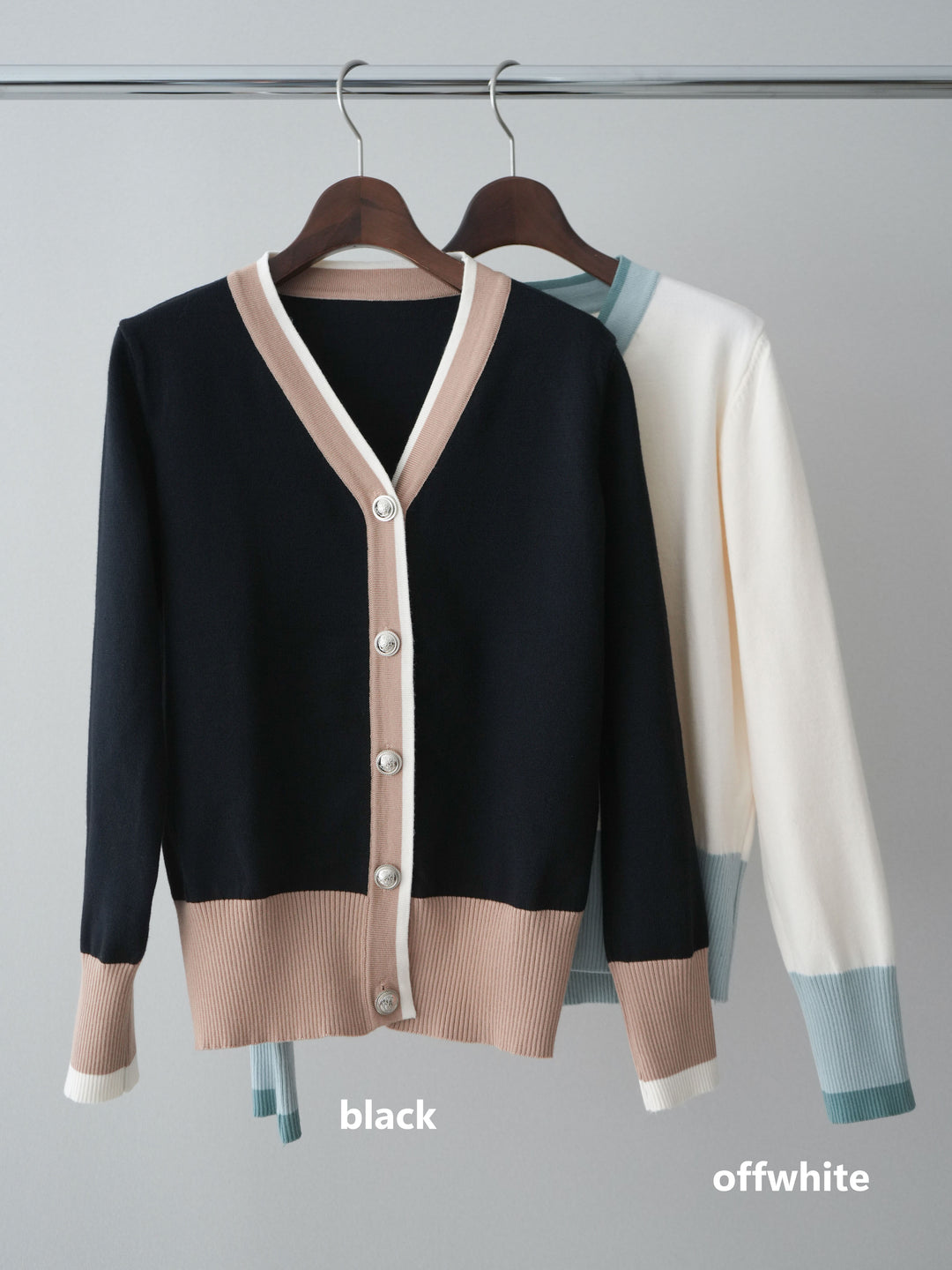 [SET]デザインボタン配色Vネックニットカーディガン+テープベルトタックバギーパンツ(2set)