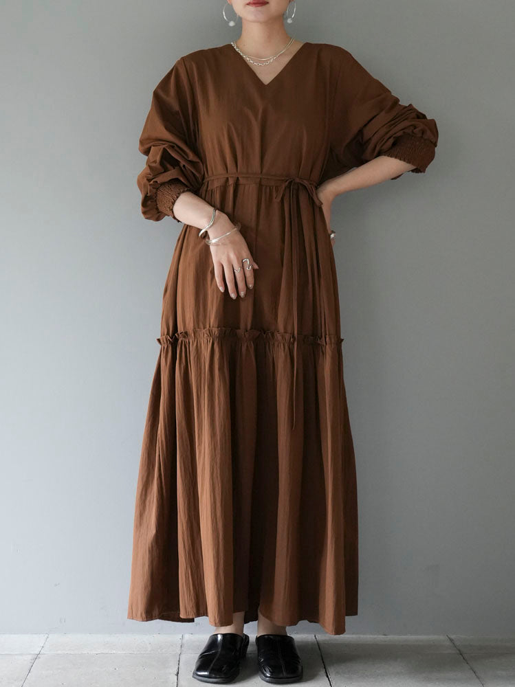 [Pre-order] V-neck tiered long dress/brown