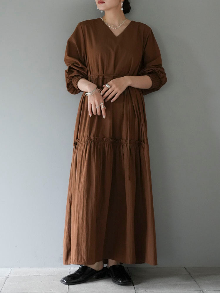 [Pre-order] V-neck tiered long dress/brown