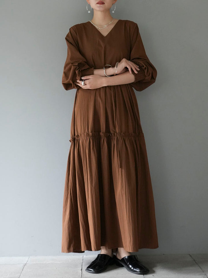 [Pre-order] V-neck tiered long dress/brown