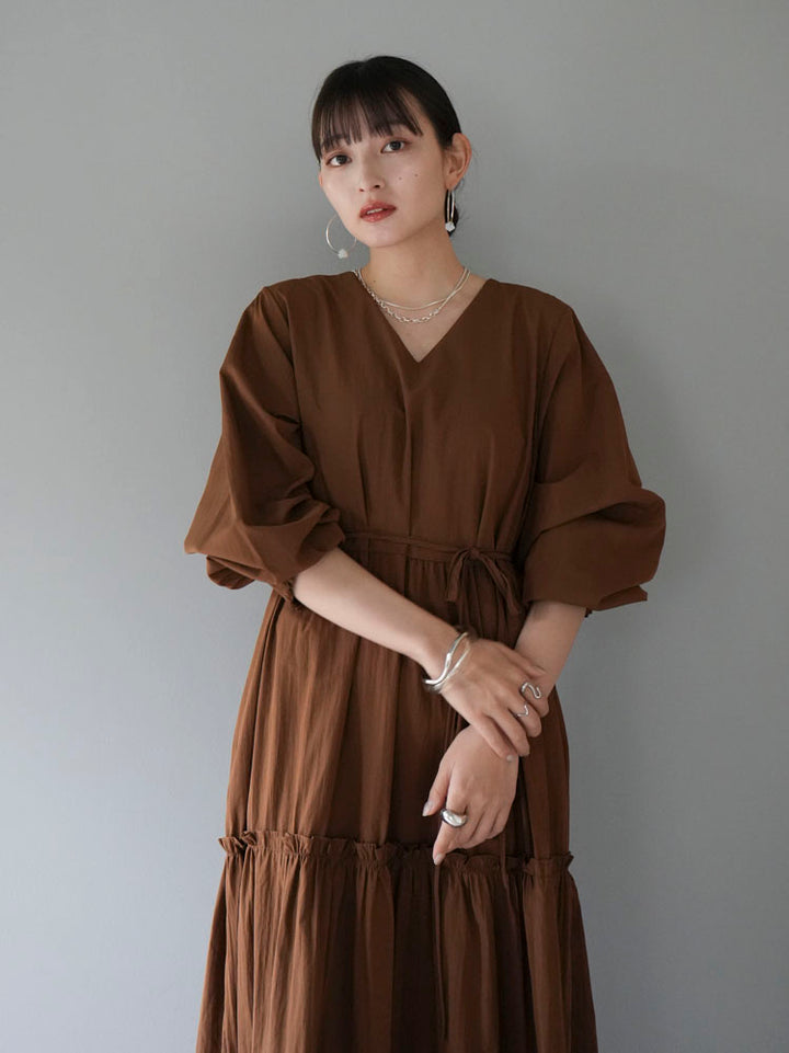 [Pre-order] V-neck tiered long dress/brown