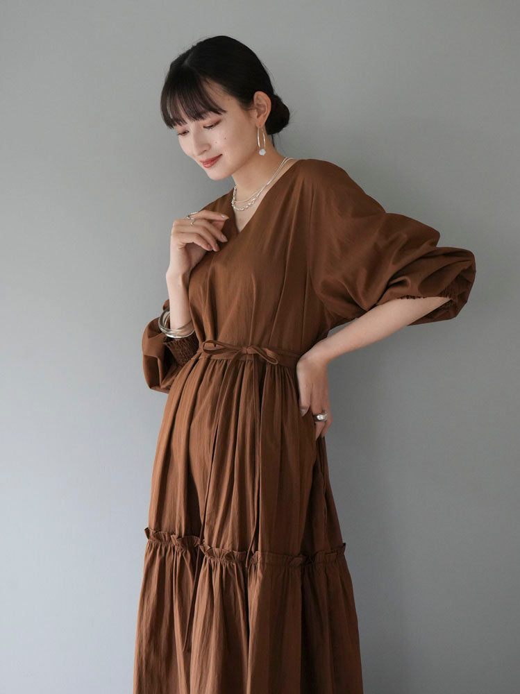 [Pre-order] V-neck tiered long dress/brown