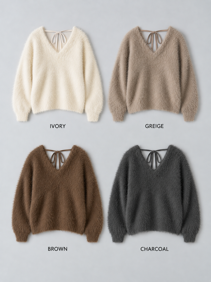 [SET]バックリボンVネックシャギーニットトップス+ピンストライプタックワイドパンツ(2set)