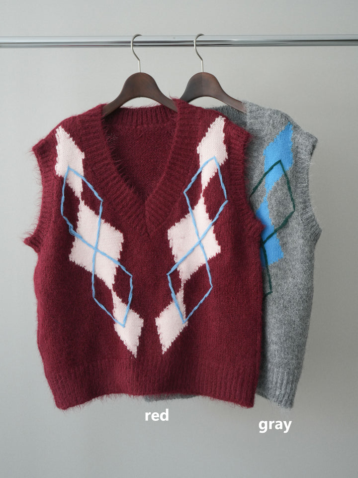 [SET]アーガイルVネックニットベスト+総レースボリュームスリーブシャツ(2set)