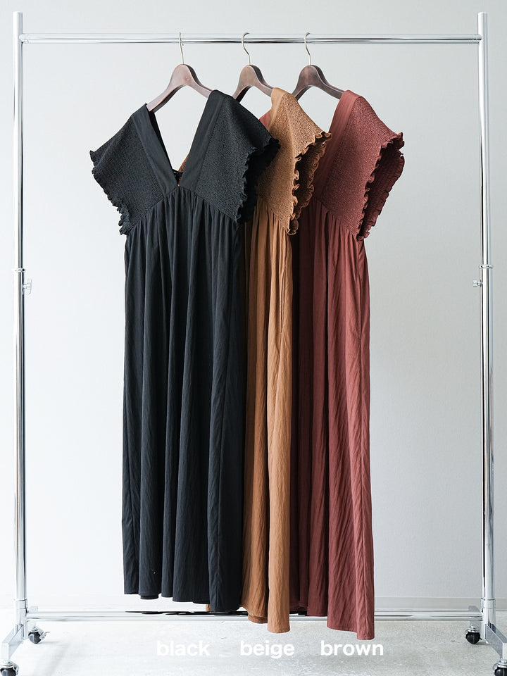 [SET] 褶皺V領連身裙 + 褶皺V領連身裙 (2件套)