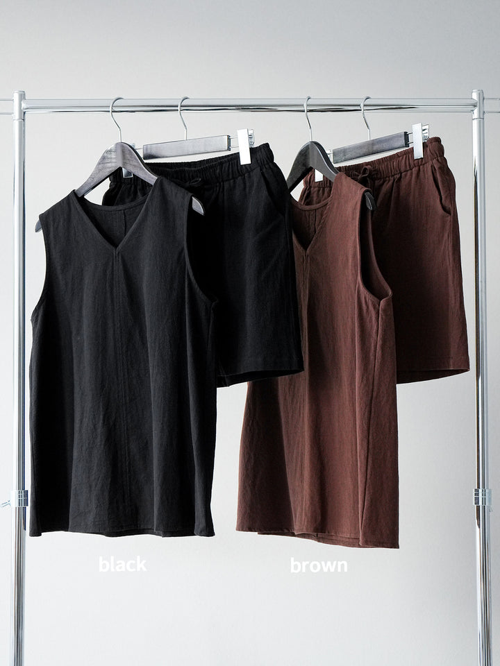 [SET] 仿亞麻V領上衣&amp;短褲套裝 + 仿亞麻V領上衣&amp;短褲套裝 (2set)